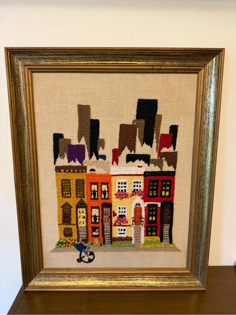Vintage Large Crewel - Framed Colorful Row Houses Wall Art - Multicolor